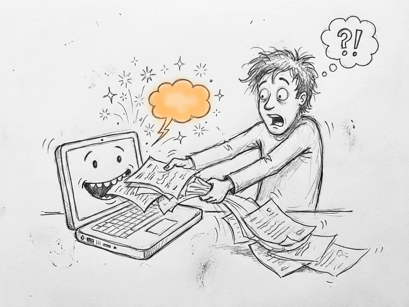 Sketch showing documents being uploaded to a laptop with a question bubble and answer appearing