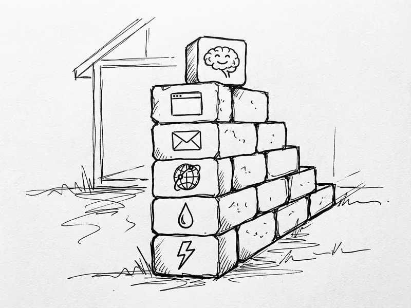 Illustration showing different utility blocks stacked - electricity, water, internet, email, website - with AI as just another utility block in the stack