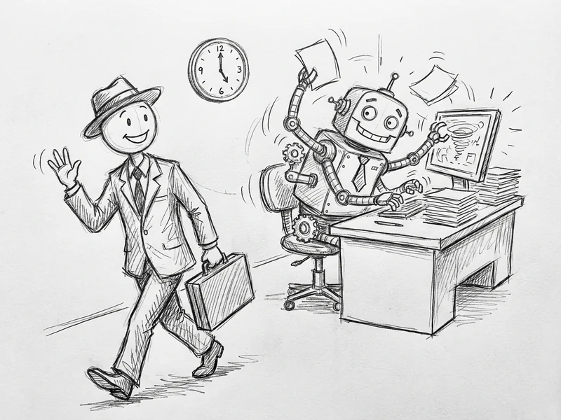 Illustration of business owner walking away from desk while AI robot continues working at computer
