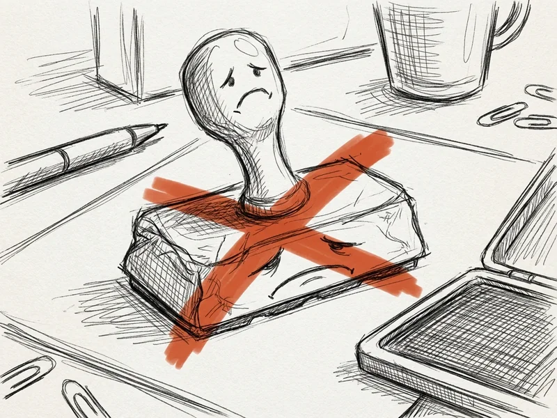 Hand-drawn sketch of a rubber stamp with 'GUARANTEED' and a red X through it