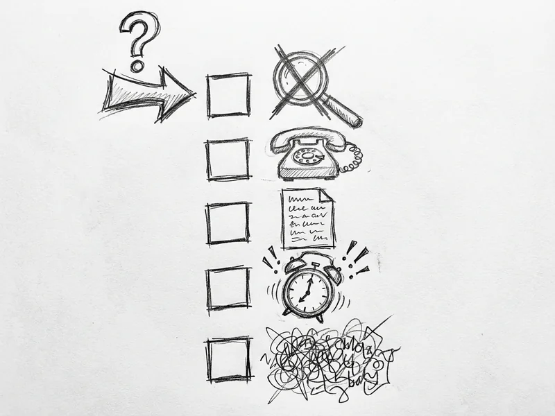 Checklist sketch showing marketing red flags: guaranteed results, cold calls, vague contracts, pressure tactics, jargon overload