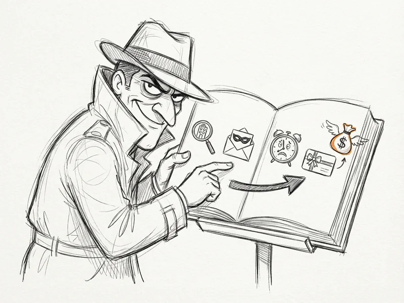 Simple diagram showing the steps of a CEO fraud scam from research to payout