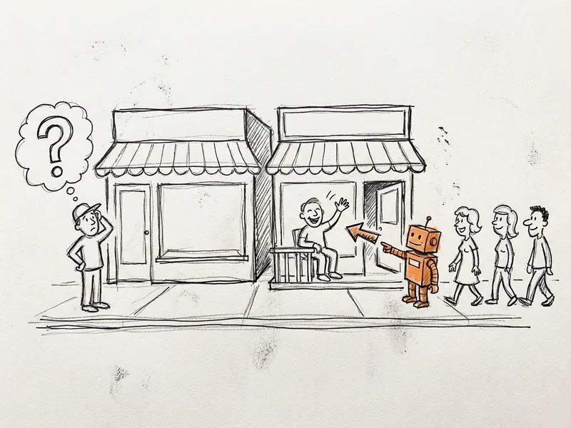 Hand-drawn sketch of two neighboring shops, one confused with no customers while the other waves at arriving customers directed by a friendly robot