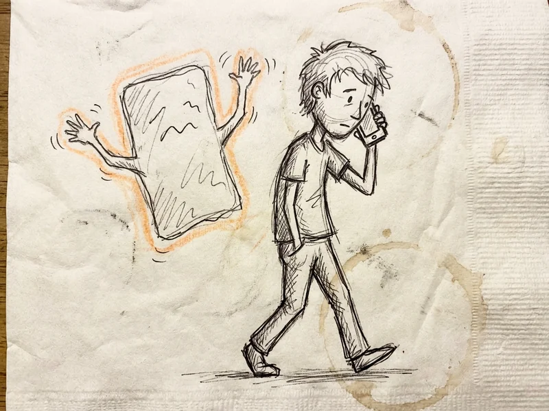 Hand-drawn napkin sketch of a person walking past a ghostly website desperately waving for attention while they talk on their phone