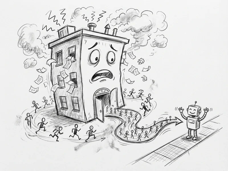 Hand-drawn sketch of a panicked corporate building with papers flying while people stream toward a friendly robot on the sidewalk