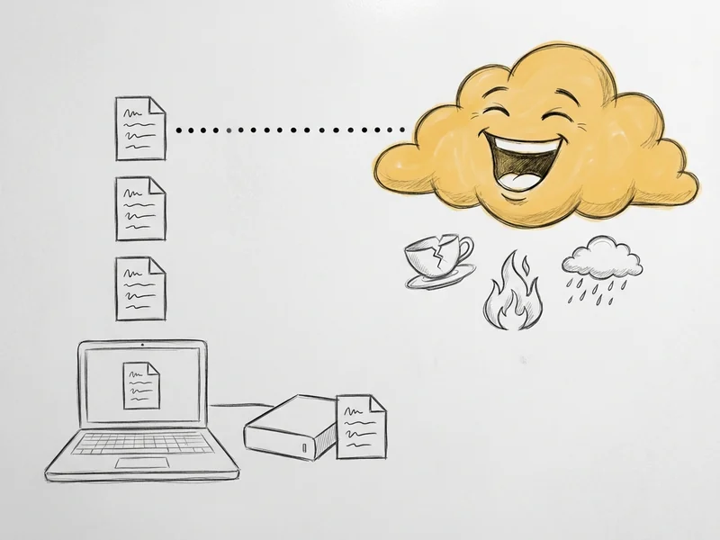 Simple diagram of the 3-2-1 backup rule: 3 copies of data, 2 different media types, 1 stored offsite in the cloud