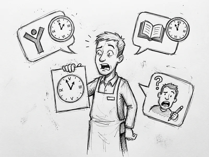 Business owner holding their hours while surrounded by conflicting sources showing different times