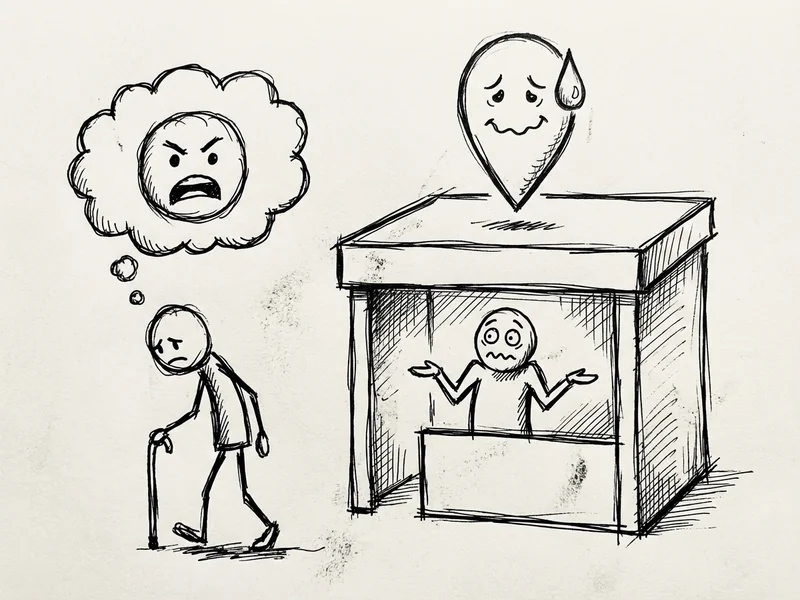 Customer walking away angry while business owner shrugs helplessly and Google map pin looks embarrassed