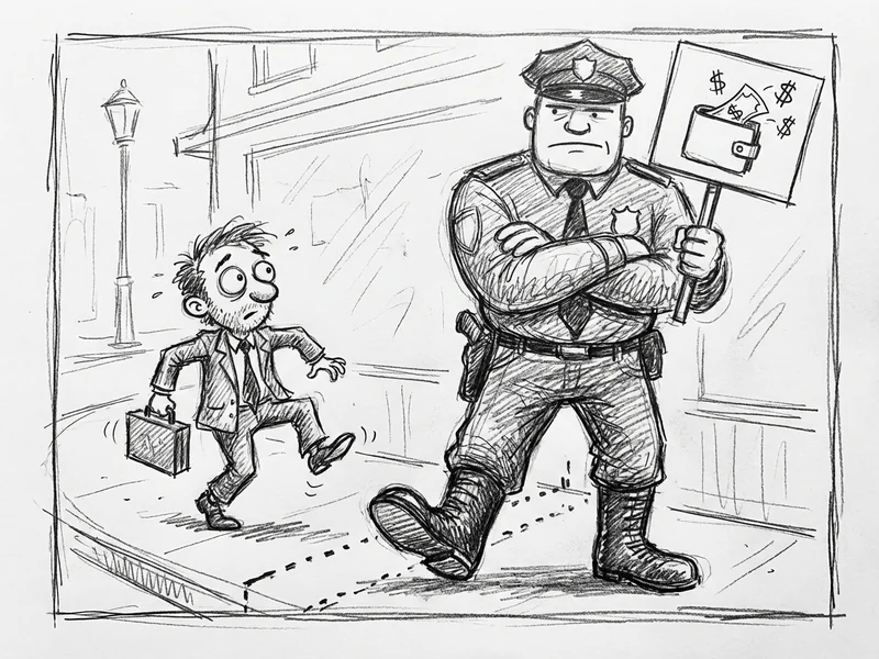 Enforcement officer blocking path showing compliance penalties - you can't hide from them