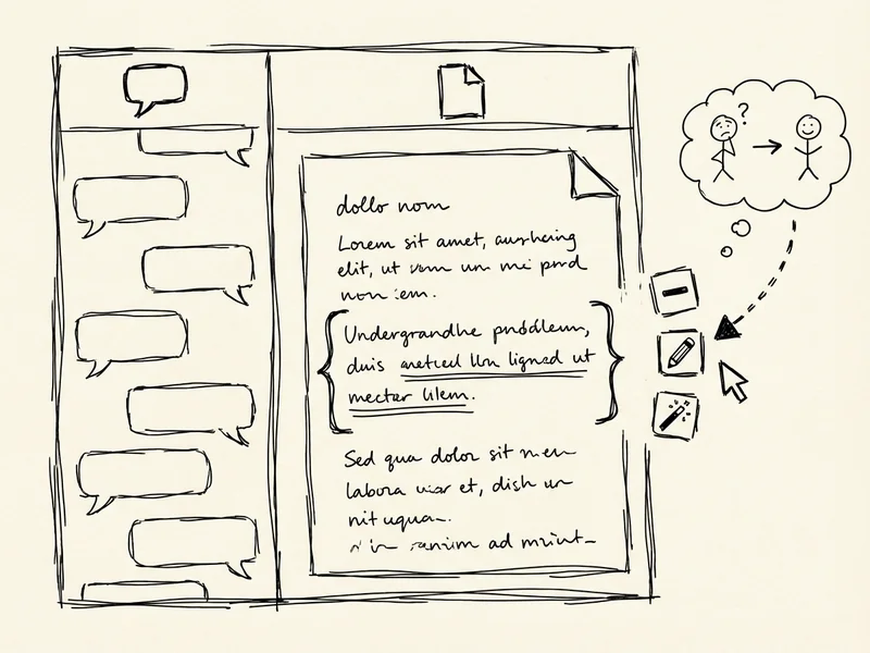 Sketch of the Canvas interface showing chat window on left and editable document on right with highlight and shortcut buttons