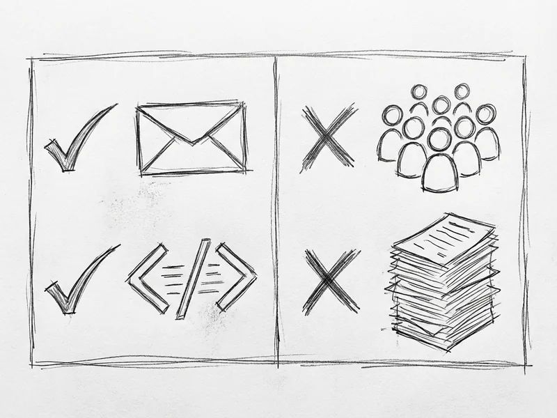Sketch showing checkmarks for 'great for emails' and 'code snippets' but X marks for 'shared documents' and 'long reports'