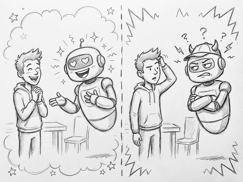 Sketch of same person having two conversations with ChatGPT - left side shows 'This is great!' right side shows same AI now playing devil's advocate saying 'But consider this problem...'