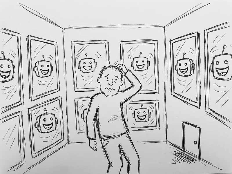 Sketch of person in a hall of mirrors, each reflection is ChatGPT saying 'Great idea!' while they miss the exit door labeled 'Reality Check'
