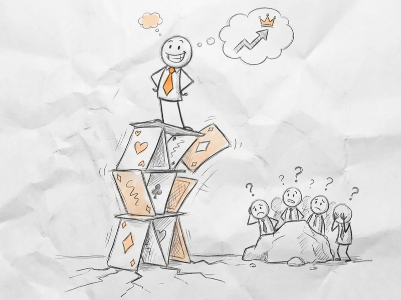 Sketch of startup founder standing confidently on a house of cards labeled 'ChatGPT said it was a good idea' while investors watch nervously