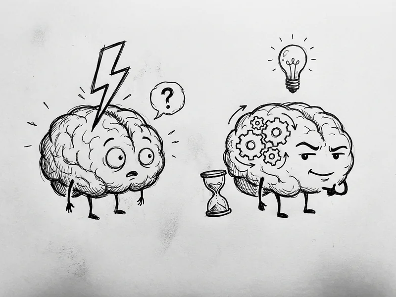 Hand-drawn sketch showing two versions of a brain: one labeled 'Quick Mode' with a lightning bolt, another labeled 'Extended Thinking' with gears turning and a small hourglass