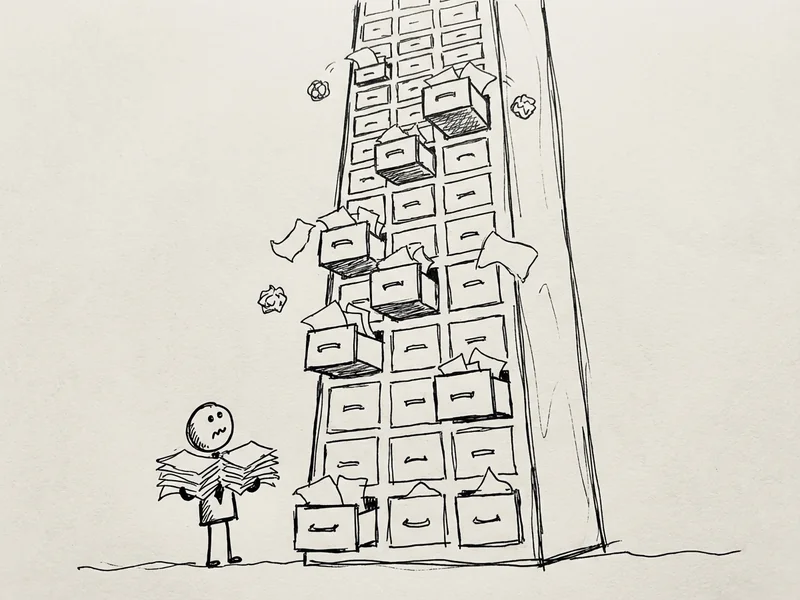 Sketch of a giant filing cabinet labeled 'Context Window' with papers spilling out, representing Claude's ability to process large amounts of text
