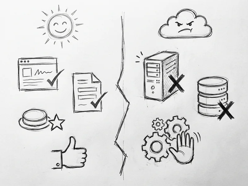 Sketch showing a checklist with checkmarks next to 'mockups' and 'prototypes' but X marks next to 'production code' and 'databases'