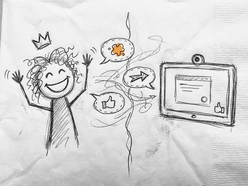 Sketch of a video call with a happy client on one side and a website preview on the other, with speech bubbles showing quick iteration requests