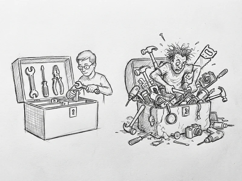 Two toolboxes side by side - one organized with essential tools, one overflowing with random toys - showing Claude vs GPT-5 approach