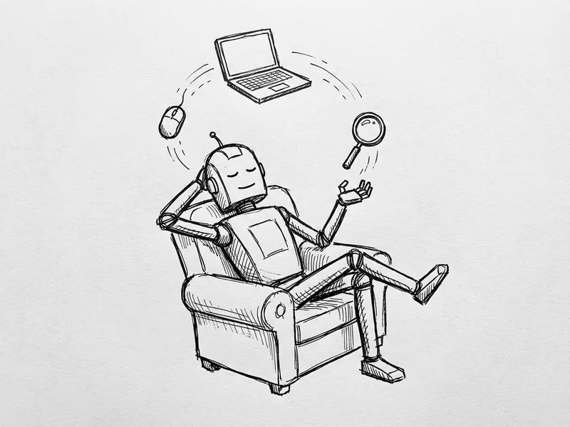 Robot calmly juggling laptop, mouse, and magnifying glass while relaxing - showing effortless handling of complex tasks