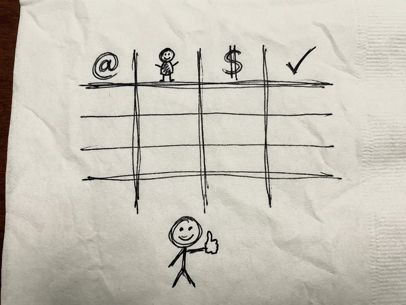 Simple sketch of a spreadsheet with columns for email, name, amount, and sent status
