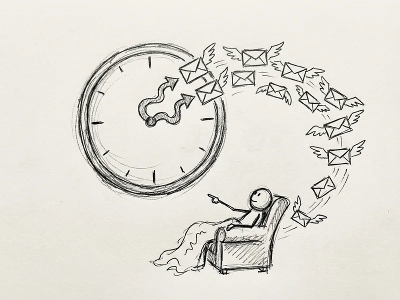 Sketch of a clock with arrows pointing to an email icon, showing scheduled email automation