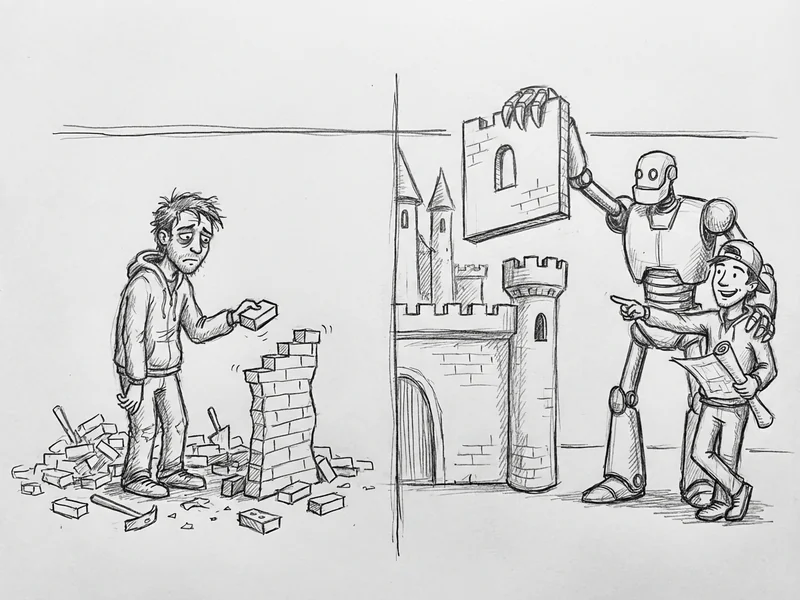 Sketch of developer with AI robot helper building a castle, compared to 2023 image of developer struggling alone with bricks