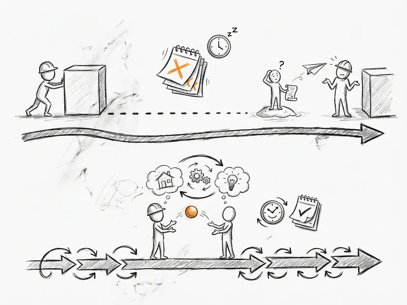 Sketch showing two timelines - 2024 with months between feedback cycles, 2026 with rapid back-and-forth arrows between builder and client