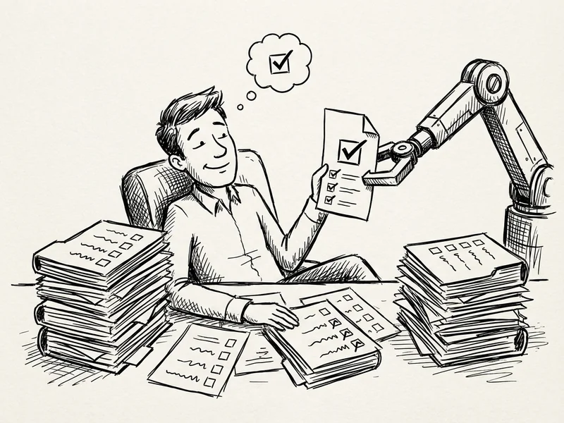 Hand-drawn sketch showing person at desk with organized research materials while AI hands them a synthesized report
