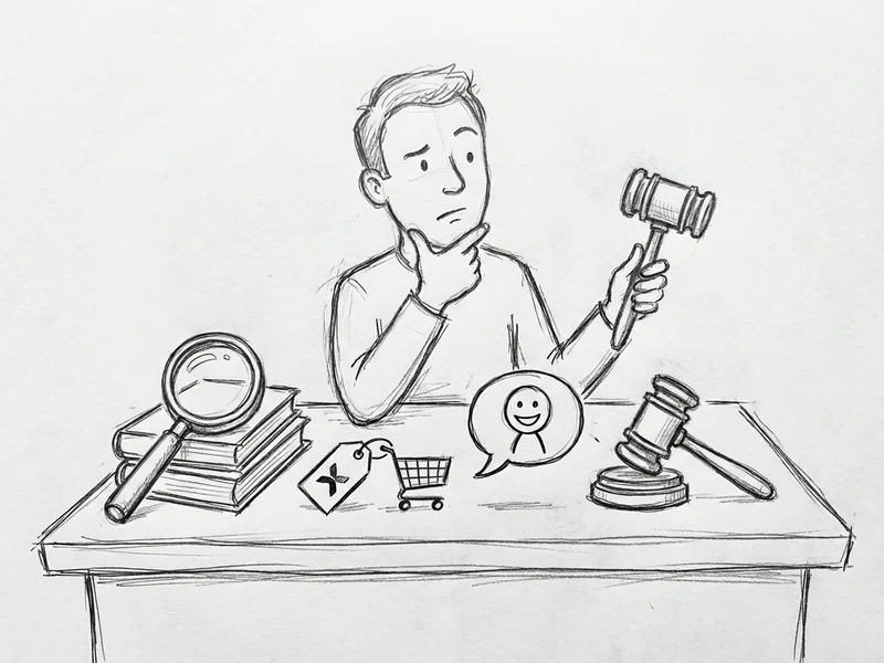 Hand-drawn sketch showing four research tools: magnifying glass, competitor price tag, customer speech bubble, and regulatory gavel