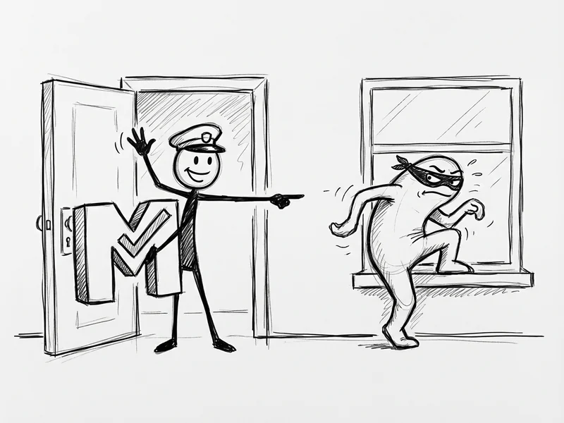 Sketch of a verified letter walking through front door while a suspicious letter tries sneaking through a window - showing authenticated vs unauthenticated email