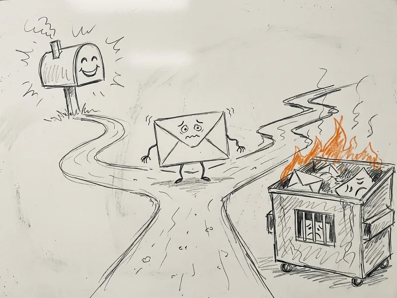 Sketch of anxious envelope at crossroads - one path leads to happy inbox, other to dumpster fire spam prison