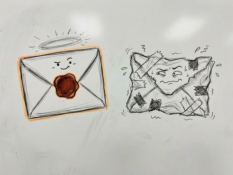 Sketch of two envelopes - one with elegant wax seal looking proud, one badly resealed with tape looking suspicious - representing DKIM authentication