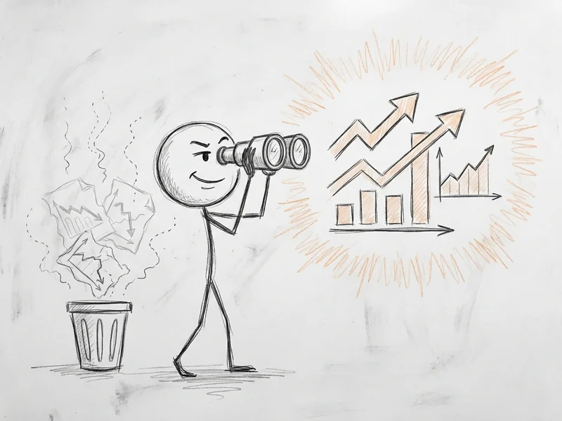 Sketch of a person looking through binoculars toward the future with analytics graphs, rather than looking backward