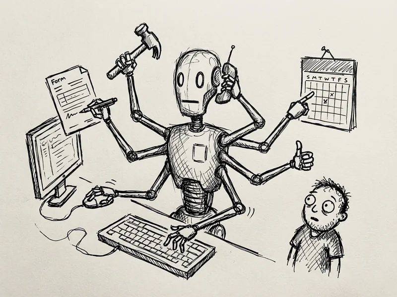 Sketch of an AI robot with multiple arms simultaneously browsing the web, filling out a form, and checking a calendar while a person watches