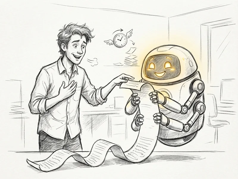 Sketch of a business owner handing a to-do list to an AI assistant robot, both looking collaborative rather than the robot replacing the human