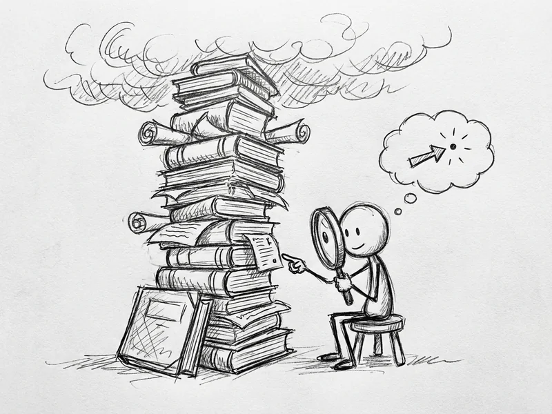 Hand-drawn sketch showing a person calmly searching an impossibly tall stack of documents, illustrating Gemini's massive 1 million token context window