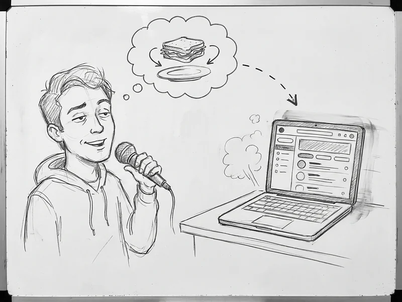 Hand-drawn sketch of someone describing an app idea in plain English while a laptop instantly generates a working prototype UI - showing AI Studio's rapid app prototyping feature
