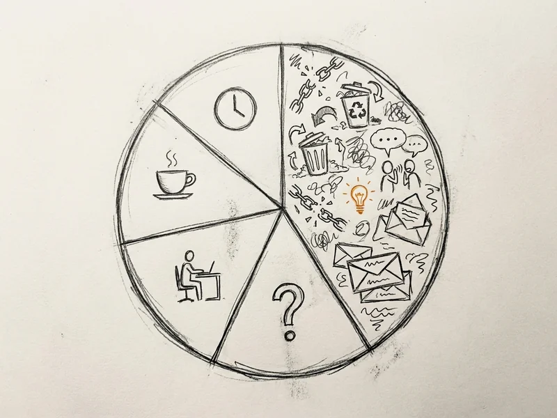 Hand-drawn pie chart showing 28% of workweek spent on email, with a note that only 10% of those emails are truly critical