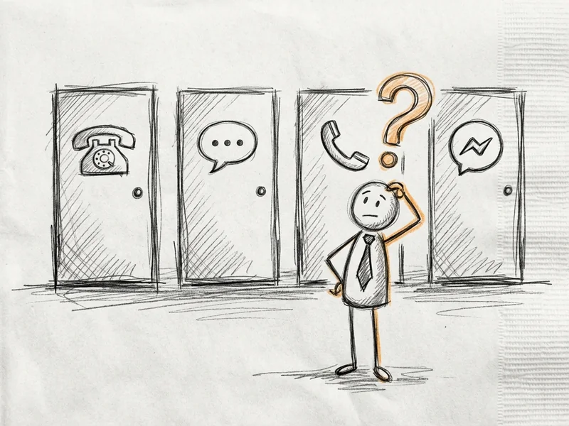 Simple sketch showing four messaging options in a grid: Click-to-text, Google Voice, WhatsApp Business, and Facebook Messenger with basic pros/cons