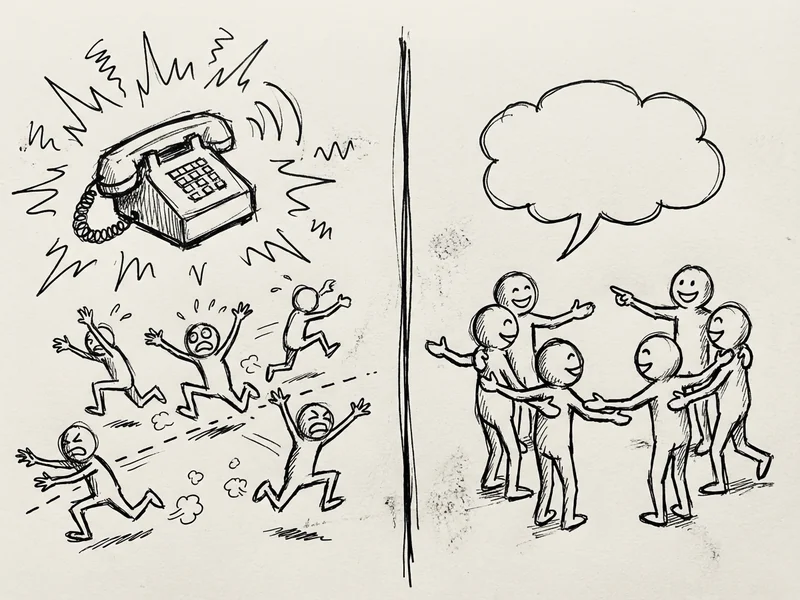 Sketch showing 90% of people preferring text to phone calls, with a phone showing 'calling...' crossed out and a text bubble with a checkmark