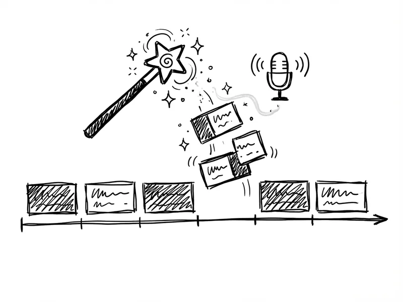 Sketch of a simple video timeline interface with AI-suggested clips and a microphone icon for voiceover