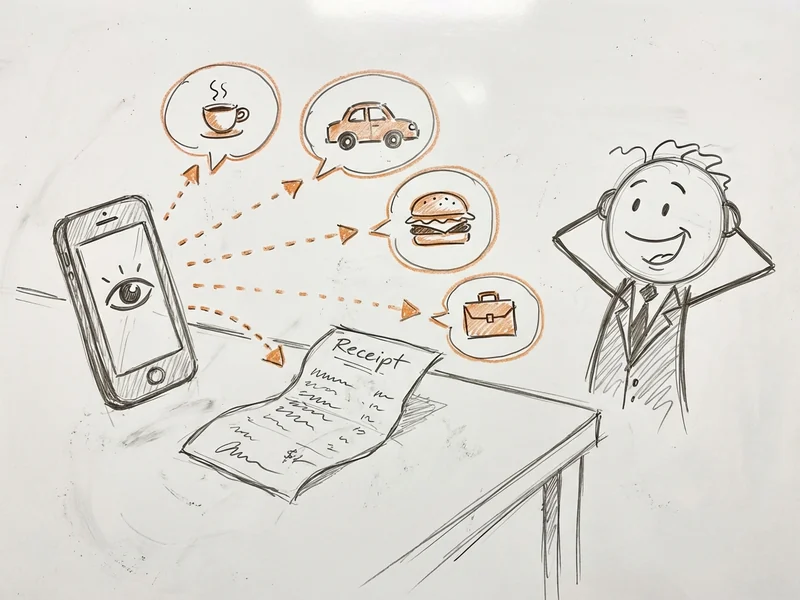 Sketch of a smartphone taking a photo of a receipt with AI analysis bubbles showing expense categories