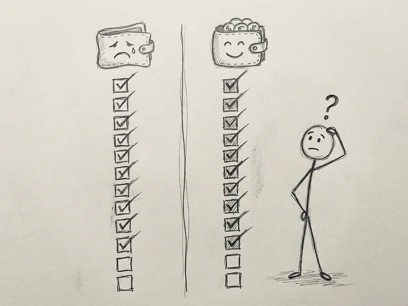 Hand-drawn comparison chart showing free tier features vs paid features, with most boxes checked on both sides