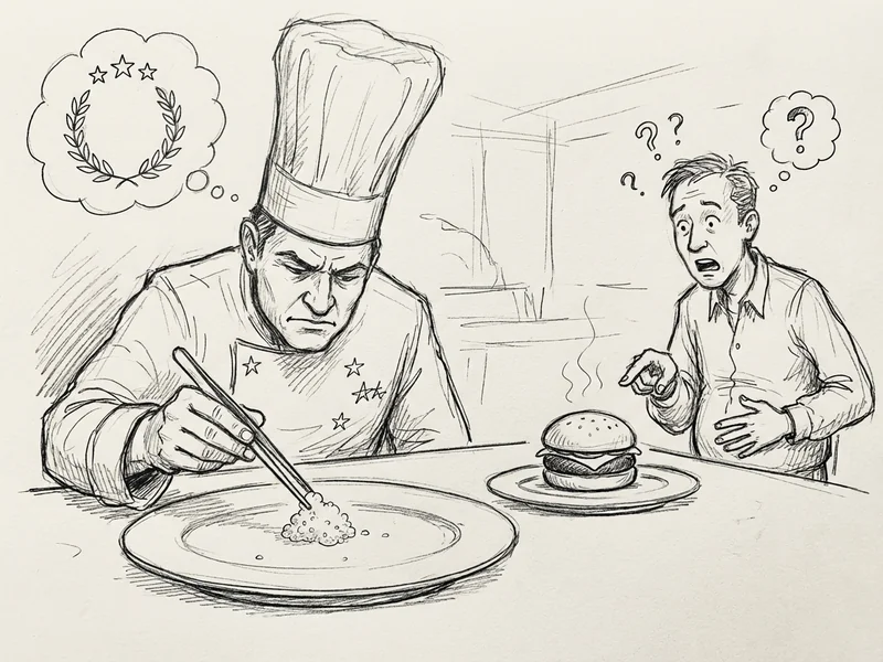 Hand-drawn sketch of a fancy chef with tweezers and foam while a hungry diner asks about the burger