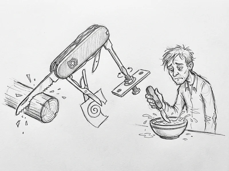 Hand-drawn sketch of a Swiss Army knife impressively cutting, sawing, and tightening, but failing as a soup spoon