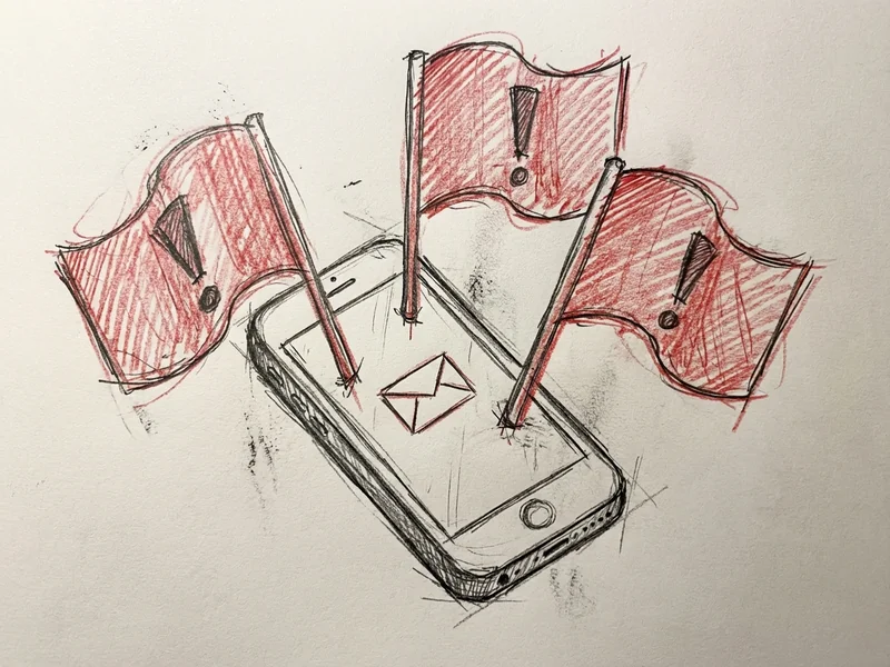 Sketch of a suspicious email showing classic scam red flags: urgency, secrecy request, and gift card demand