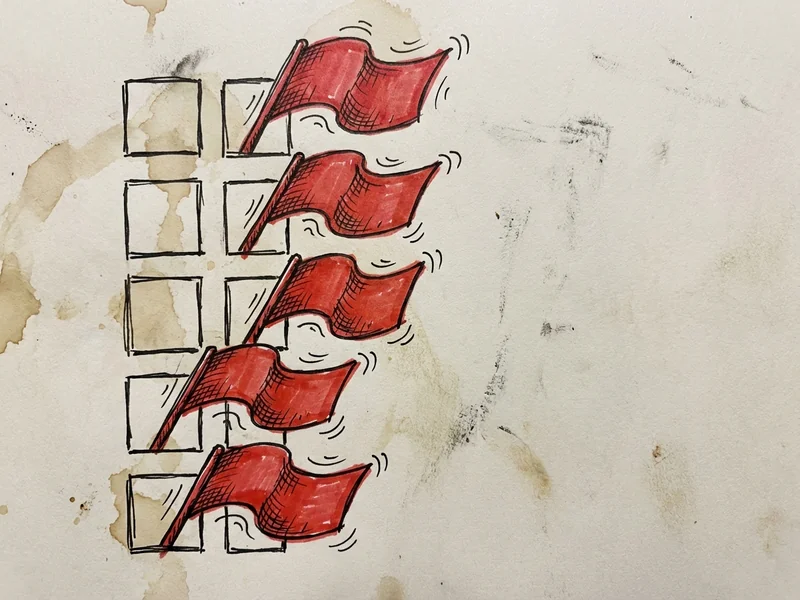 Checklist sketch showing five red flags: urgency, secrecy, wrong email address, specific brands requested, wants codes not cards