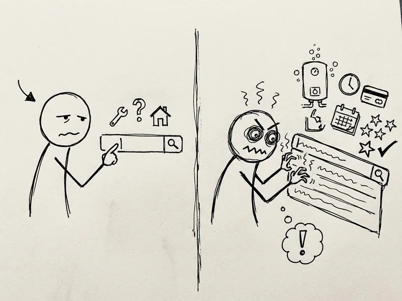 Split comparison showing someone casually typing a three-word generic search versus furiously typing a paragraph-long specific request with determination