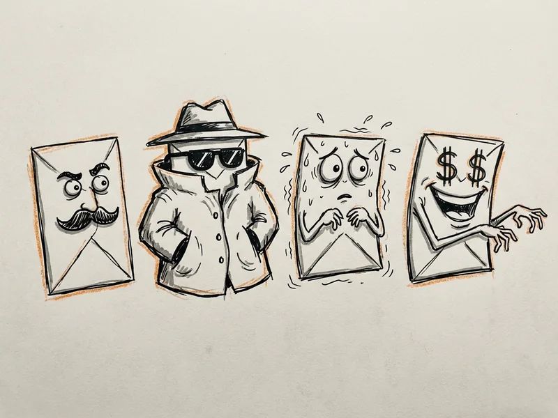 Sketch showing four envelope types with warning labels - Problem, Refund, Transcript, Payment - all marked as fake